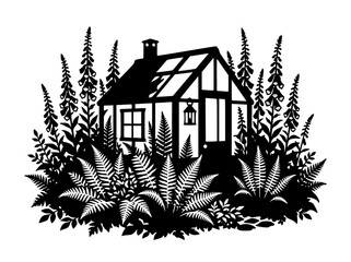 Naklejka premium Black and White Greenhouse Silhouette Surrounded by Ferns and Foxgloves