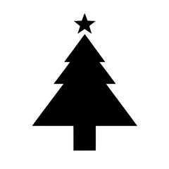 Obraz premium Minimal black Christmas tree silhouette with a star on top isolated on white background for holiday decorations, greeting cards, festive graphics, and seasonal designs