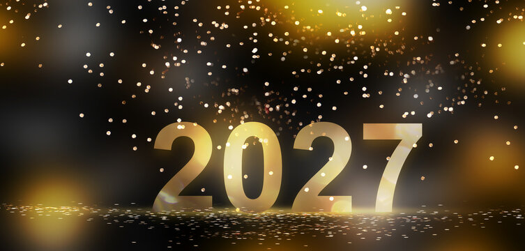 golden year 2027 number standing on abstract stage floor with confetti rain and blurred headlights, festive concept for new years eve, award party or anniversary