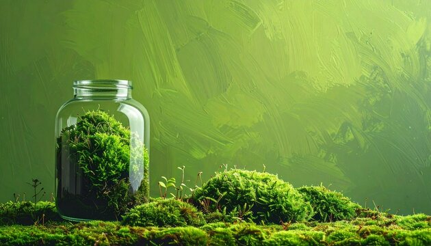 Glass jar with moss in a lush green forest setting.