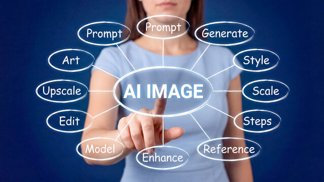 Woman touching AI image mind map diagram showing artificial intelligence prompt engineering workflow