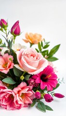 Fototapeta premium Floral arrangement featuring pink rose and eustoma flowers against a white background, floral arrangement, sophisticated