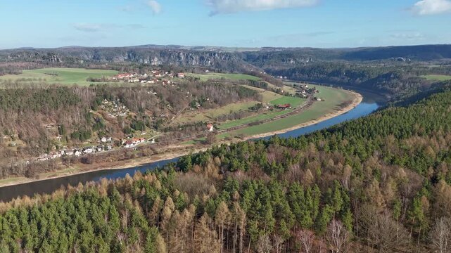 Hyperlapse - Aerial view of scenery in the Saxon Switzerland - Elbe Sandstone Mountains - Germany