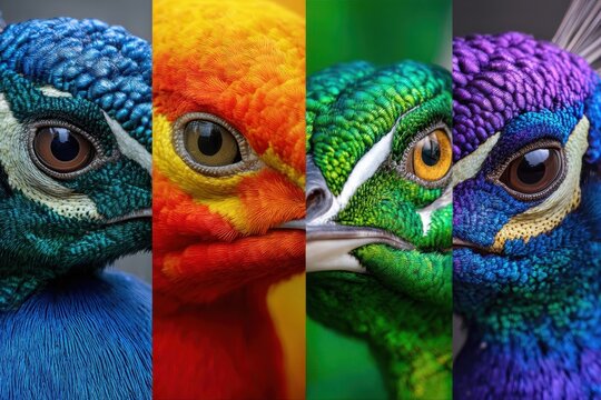 Vibrant close-up portraits of colorful birds showcasing various feather patterns and eye details