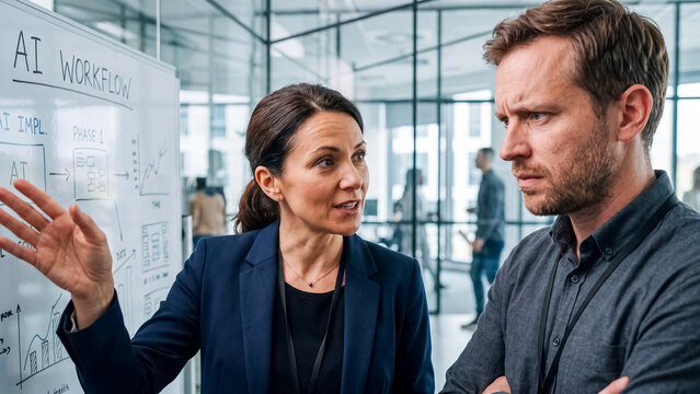 Businesswoman explaining AI workflow on whiteboard to serious male colleague in office meeting
