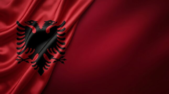 Albania flag background. Waving Albanian banner with double headed eagle emblem.