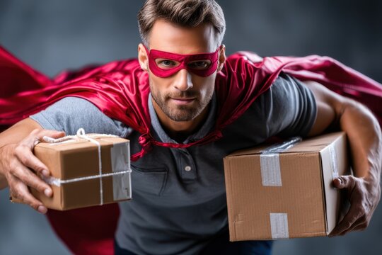 Superhero delivering packages in a dramatic indoor setting with a focused expression