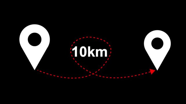 10 km distance from one place to another animation isolated on black background. distance from one place to another is kilometer.