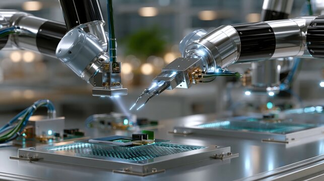 Robots working in a factory to assemble electronic components on a production line during the day