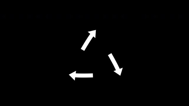White hand drawn recycling symbol animation with rotating arrows on black background for environmental campaigns and eco friendly video projects.