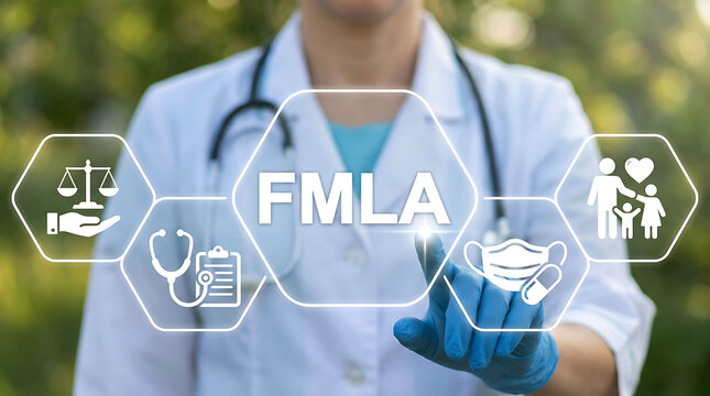 Doctor pointing at FMLA icon family medical leave act health law concept