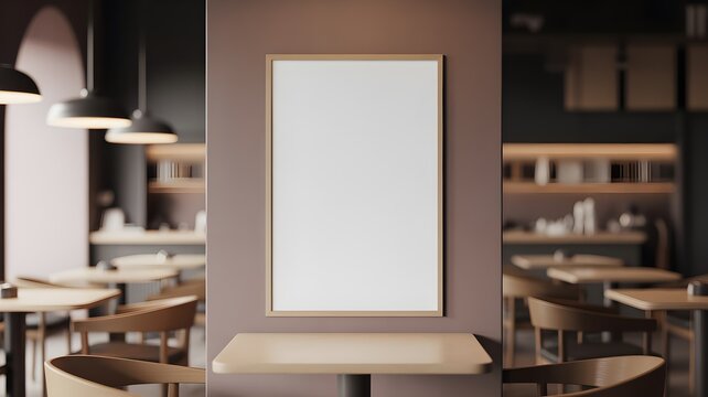 Vertical wooden frame mockup on a wall in a modern cafe interior, blank poster display for restaurant menu or advertisement design, cozy dining area background