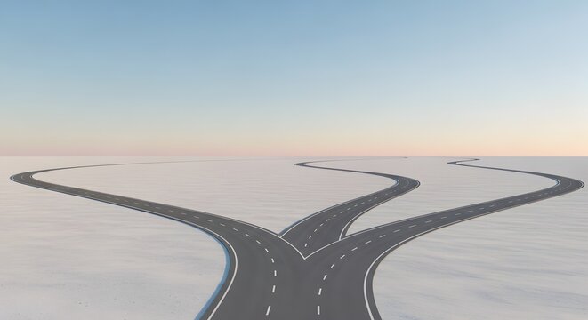 A conceptual image showing a road splitting into three different directions on a vast empty landscape under a clear sky
