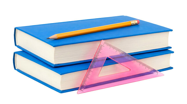 Stack of blue books with yellow pencil and pink triangle ruler isolated on transparent background studio shot