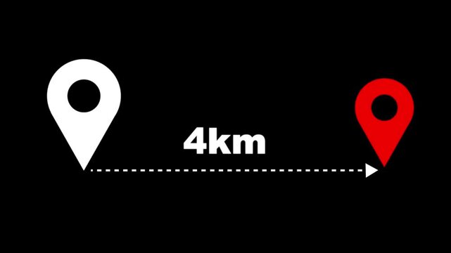 4 km distance from one place to another animation. location icon on black background . 4 km distance icon. distance from one place to another is kilometer.