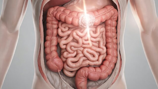 Transparent human colorectal medical illustration showing colorectal cancer and tumor pathological features for clinical science display