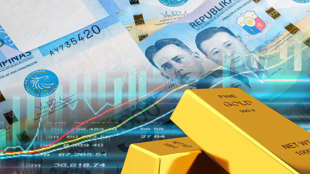 A market chart against a backdrop of Philippine peso bills illustrates currency value, gold price fluctuations, and gold investment and trading activities.