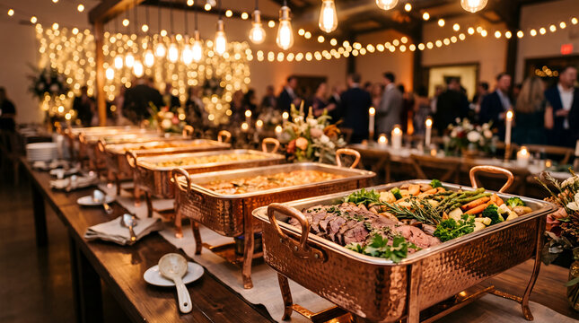 Buffet catering setup with copper chafing dishes on long wooden table meats vegetables garnishes serving utensils festive reception background guests warm decorative lighting elegant dining event