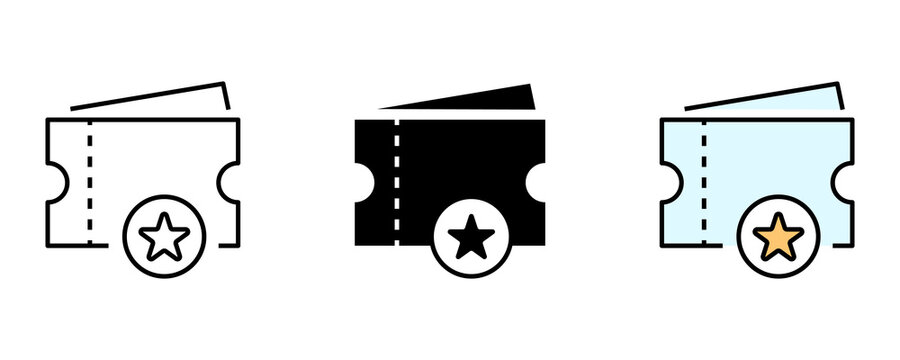 Ticket star icon set for event, entertainment, and loyalty program in outline, flat, and colored style Isolated on transparent background.