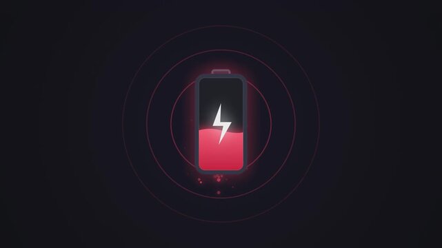Battery charging motion animation showing red low power energy level with pulsing ripple wave light effects