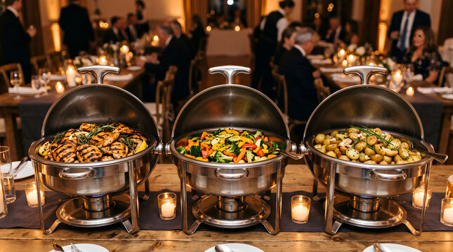 Buffet catering setup with three stainless steel chafing dishes on wooden table filled with grilled chicken mixed vegetables roasted potatoes candles festive dining event reception atmosphere