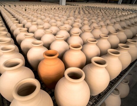 Rows of Unfired Ceramic Jars: An orderly arrangement of numerous unfired ceramic jars, with a single distinct terracotta-colored jar standing out amidst the pale, earthy tones.