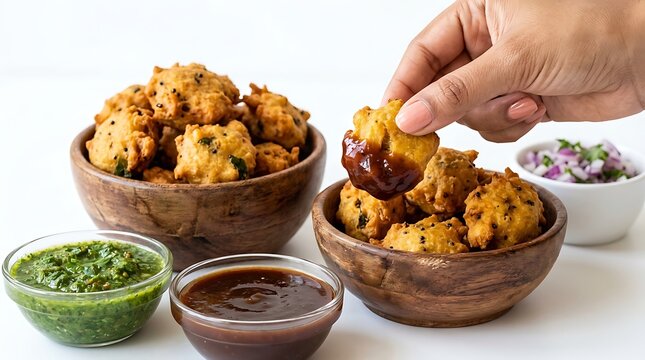 A Person Holding a Crispy Indian Pakora Fried Snack with Tangy Dipping Sauce on a White Background