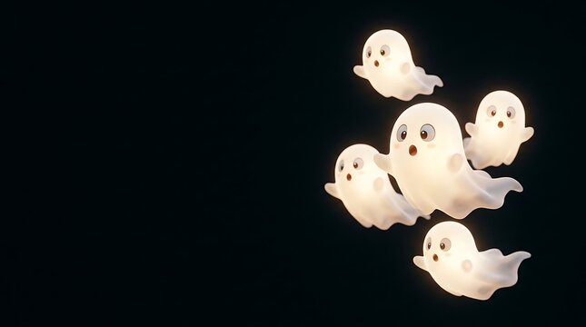 A festive halloween background featuring a group of cute little white ghosts floating against a solid dark black isolated backdrop for designs