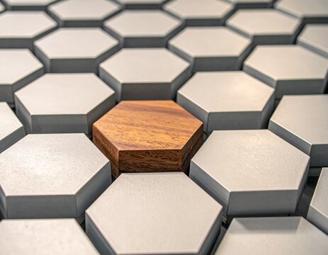A Singular Hexagon Standing Out: A single wooden hexagon stands in stark contrast to a field of surrounding gray hexagons, symbolizing individuality and distinction.