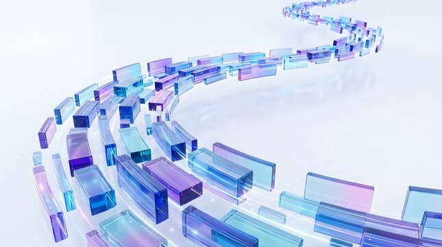 Abstract path of translucent blue and purple glass rectangular blocks flowing in a curve