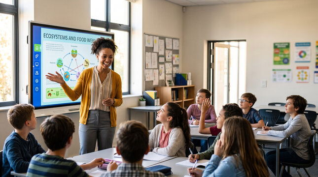 Diverse middle school teacher teaching students in a modern classroom with digital smartboard