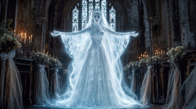Spectral bride glowing in abandoned cathedral. Ghostly woman in lace wedding dress standing at altar of ruined gothic church.