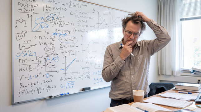 Confused scientist scratching head while solving complex physics equations on whiteboard. Academic researcher struggling with difficult mathematical problem in university office.
