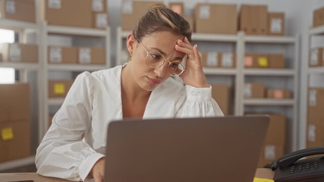 Woman touching forehead with hand while leaning over laptop and parcel shelves in building at a desk, wearing glasses and white blouse; stress overwhelm.