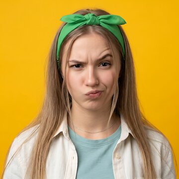 Young woman with blonde hair wearing a green headband making a skeptical expression doubtful expression uncertain face
