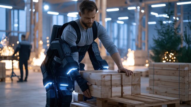 Man in exoskeleton technology lifts wooden crate in busy warehouse during evening hours