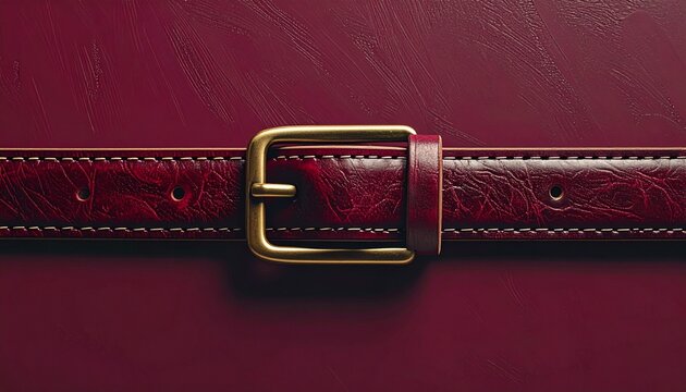 Close up of a red leather belt with brass buckle.
