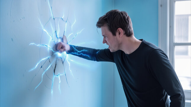 Aggressive young man punching wall with glowing energy effect. Concept of superhuman strength or uncontrolled anger in domestic setting.