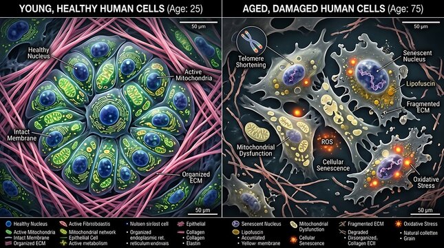 Comparison of young healthy human cells versus aged damaged cells