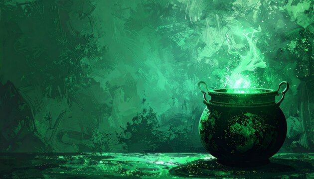 Mystical Green Cauldron with Swirling Smoke on Dark Background.
