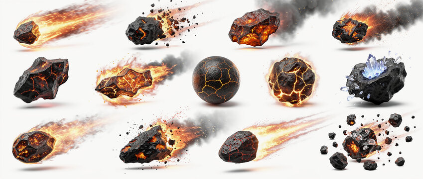 Burning meteorites and fiery asteroids set with glowing magma fire trails, ice cosmic rocks, and meteor elements isolated on white background