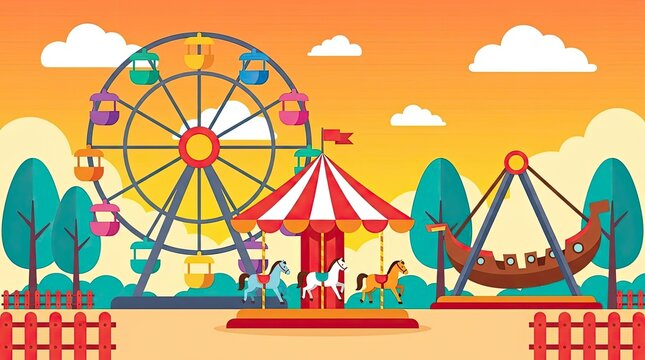 Colorful flat vector illustration of an amusement park.
