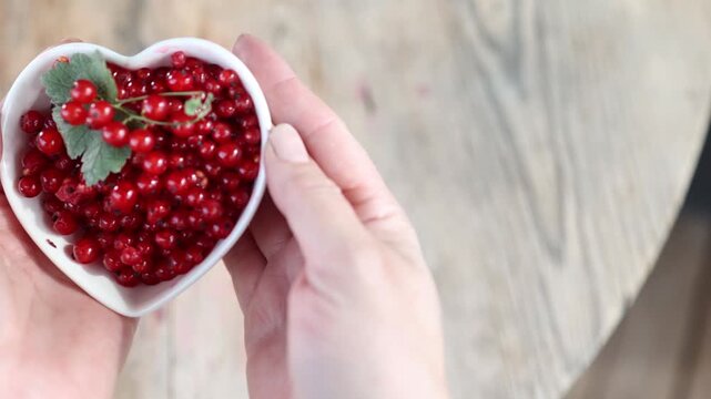 Hands gently presenting heart shaped white ceramic bowl filled with glossy red currants, green leaf, and rustic wood backdrop, with subtle repositioning and soft natural light