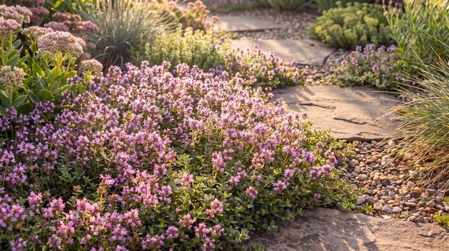 Ground cover creeping thyme flowers blooming along stone pathway  