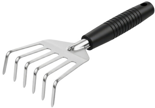 Gardening hand rake with black handle and metal tines for loosening soil and clearing debris in garden.