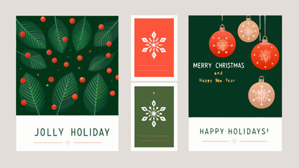 jolly holiday card with dark green background and festive leaves berries christmas greeting seasonal winter ornament snowflake © Anupam