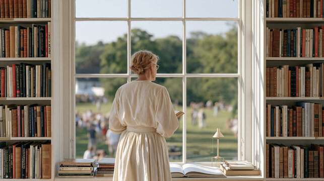 A rural librarian in a quiet countryside stands before shelves of multilingual archival texts while a crowd of world music festival attendees visible through the large window