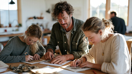 Fototapeta premium A bookbinder and his two teenage children work together in a minimalist studio stitching covers for a limited folk art revival edition of illustrated local legends, the family