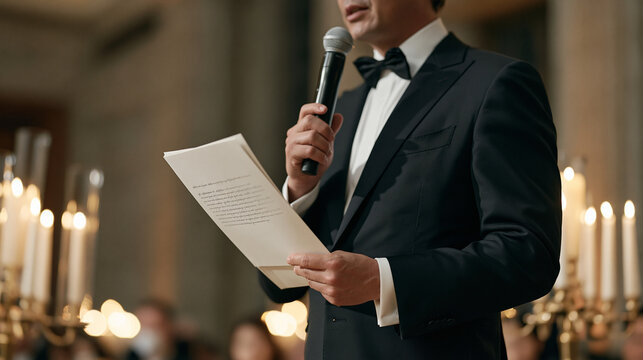 An event host in formal attire holds a microphone in a candlelit ceremony hall, close up on his hands gripping cue cards written in a language with fewer than a hundred remaining