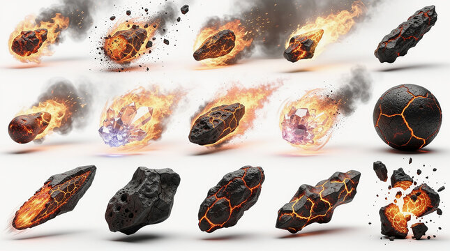 Set of Realistic Asteroids and Flaming Meteorites Flying Through Space Isolated on White Background